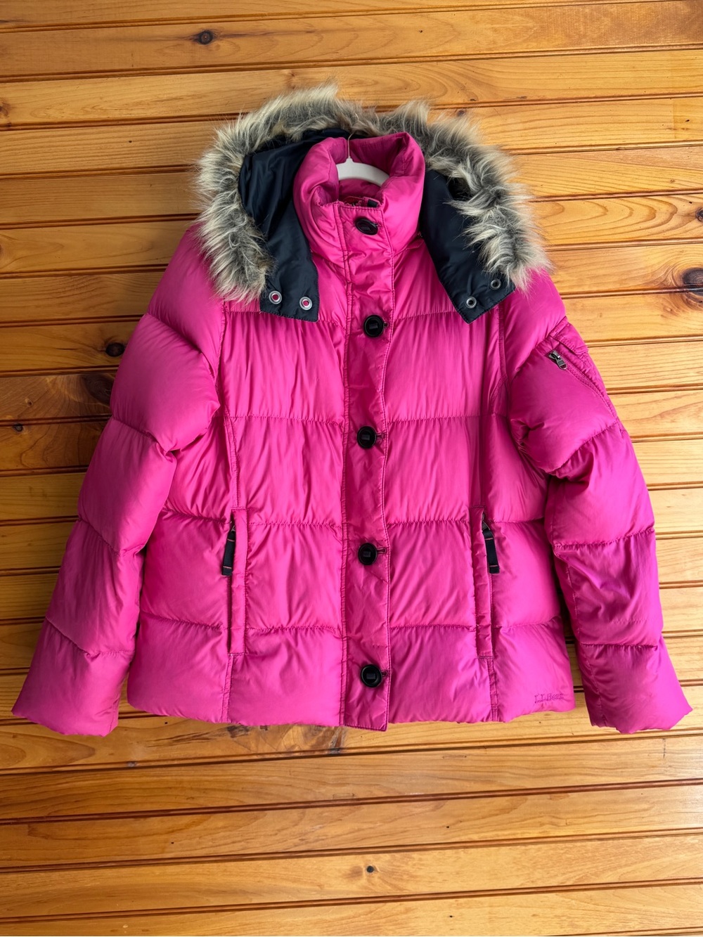 L.L.Bean Down Puffer Jacket L Hot Pink Faux Fur Hood Retro Ski Bunny Winter